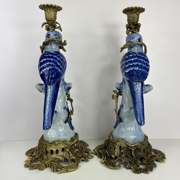 Pair of Vtg Porcelain & Brass ? Ormolu 14” Candlestick Holders Blue Bird Parrot - Picture 14 of 15